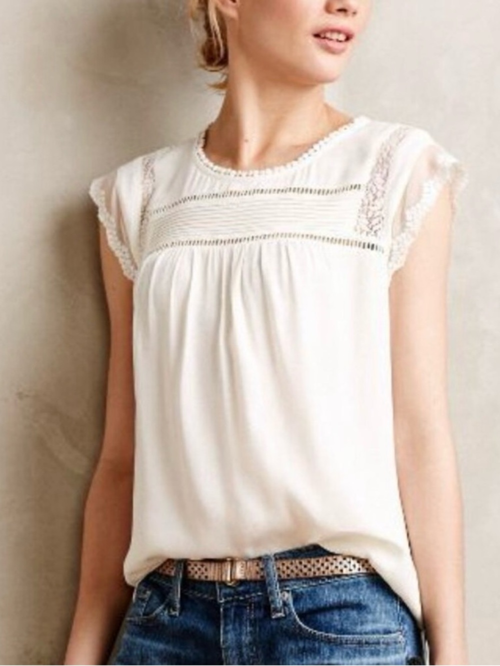Daniel Rainn Cream Lace-Trim Cap Sleeve Blouse